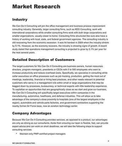 description of customers in business plan example